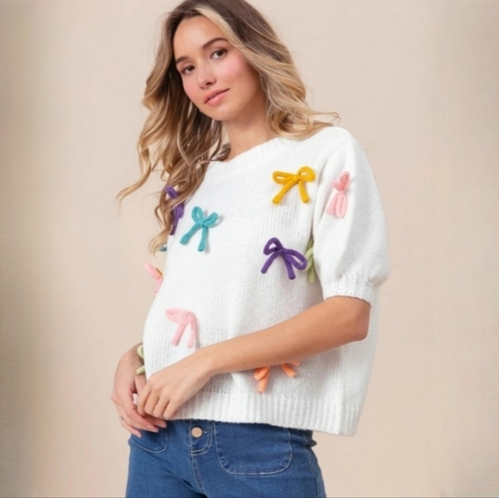 BiBi Bow Detail Puff Sleeve Sweater. Sz Medium, NWTs - Picture 4 of 14